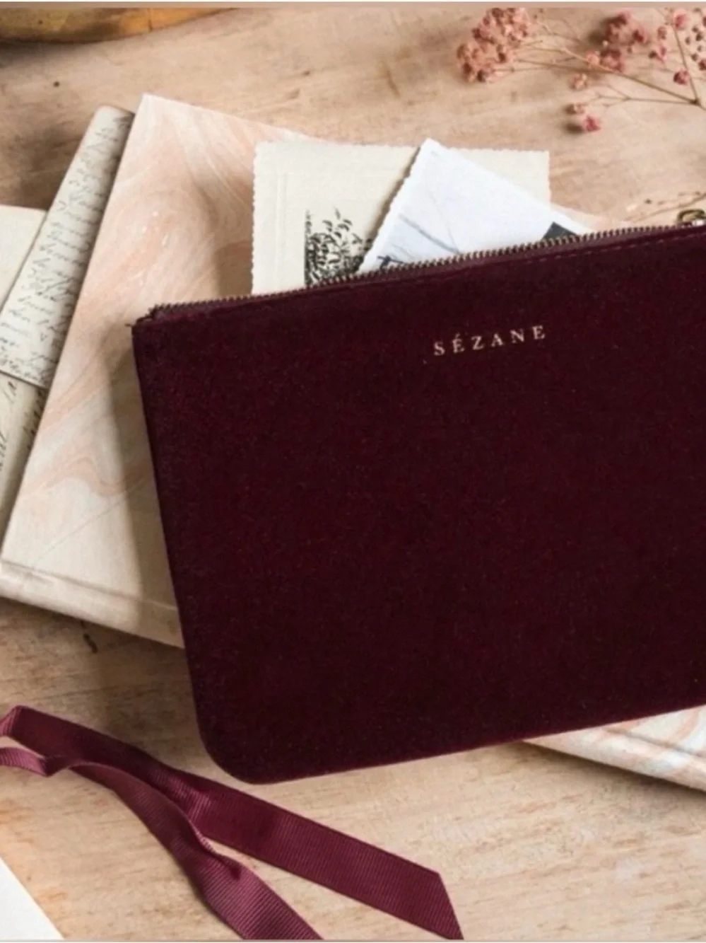 Sézane Burgundy Red Velvet Pouch Clutch